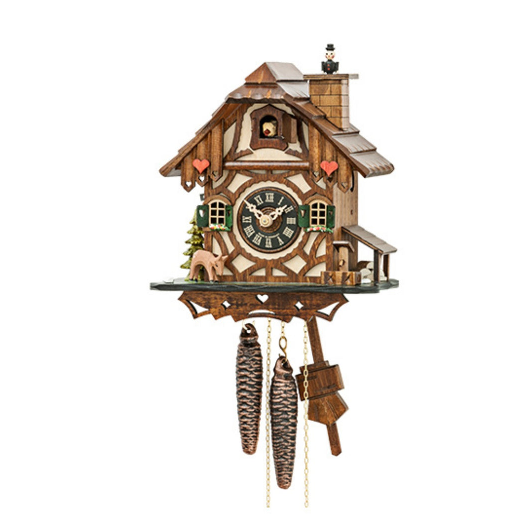 New In Stock - Chalet Cuckoo Clock with Hearts and Moving Chimney Sweep