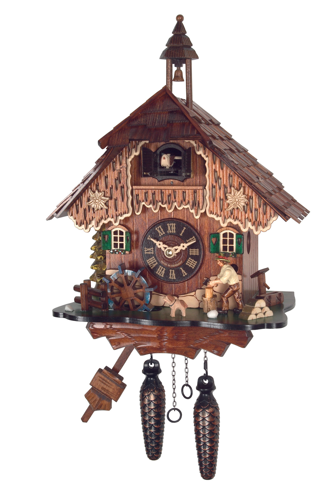 NEW- Quartz Chalet Cuckoo Clock with Turning Water Wheel and Moving Woodchopper (with music)