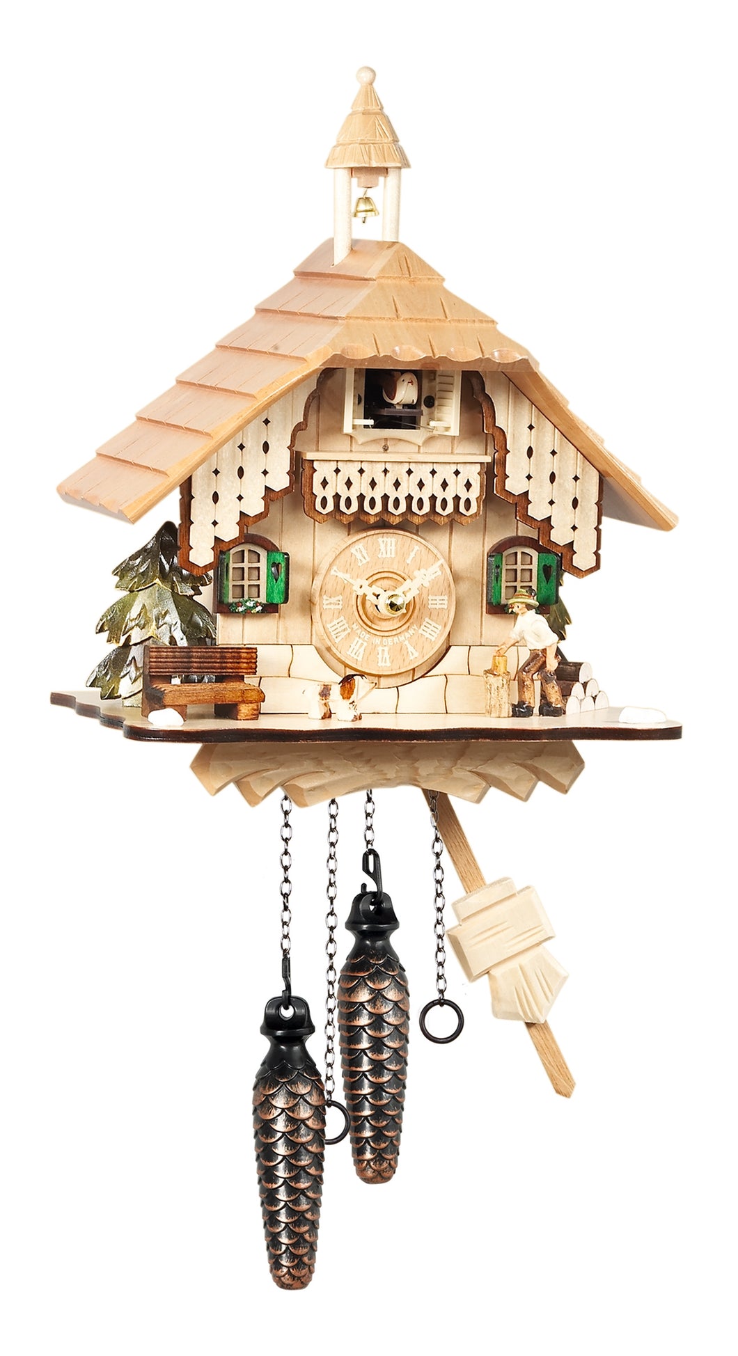 NEW - Chalet Cuckoo with Moving Wood Chopper (light wood color)