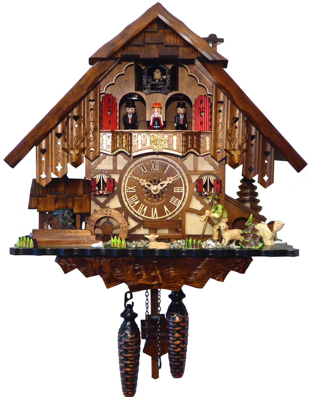 NEW - Musical Chalet Clock with Moving Waterwheel and Wanderer
