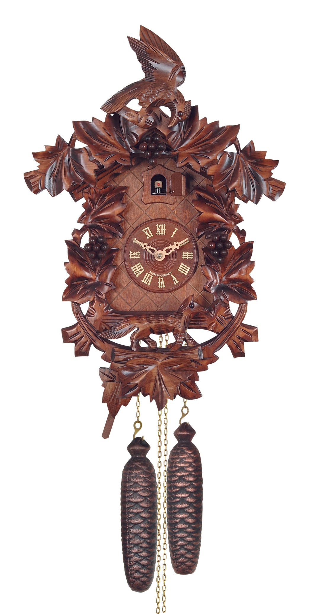 NEW - Quartz “Fox and Grapes”Cuckoo Clock with Ornate Carving (with or without music)