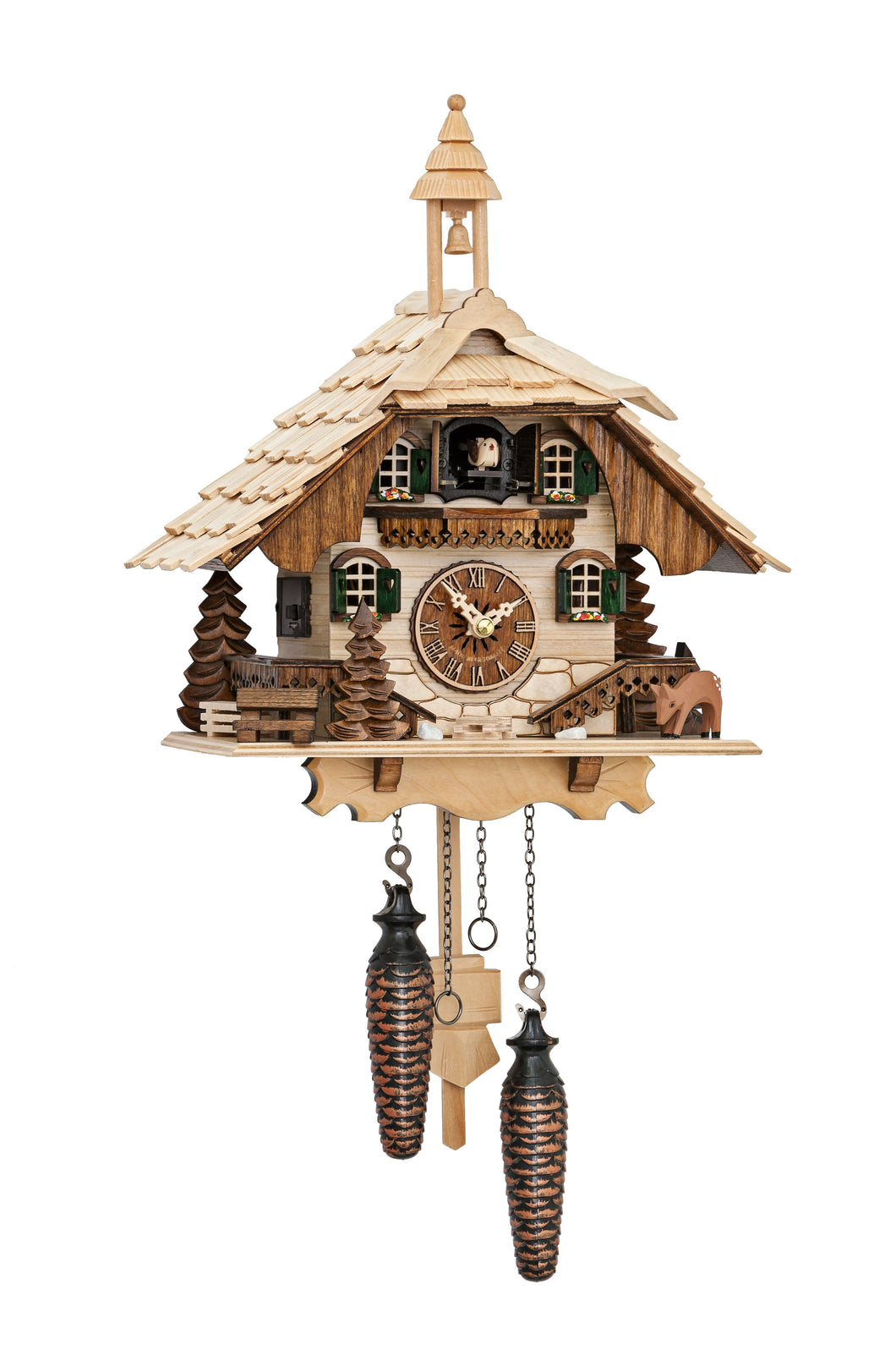 NEW - Quartz Chalet Cuckoo Clock with Bell Tower in Two Toned Wood (with or without music)