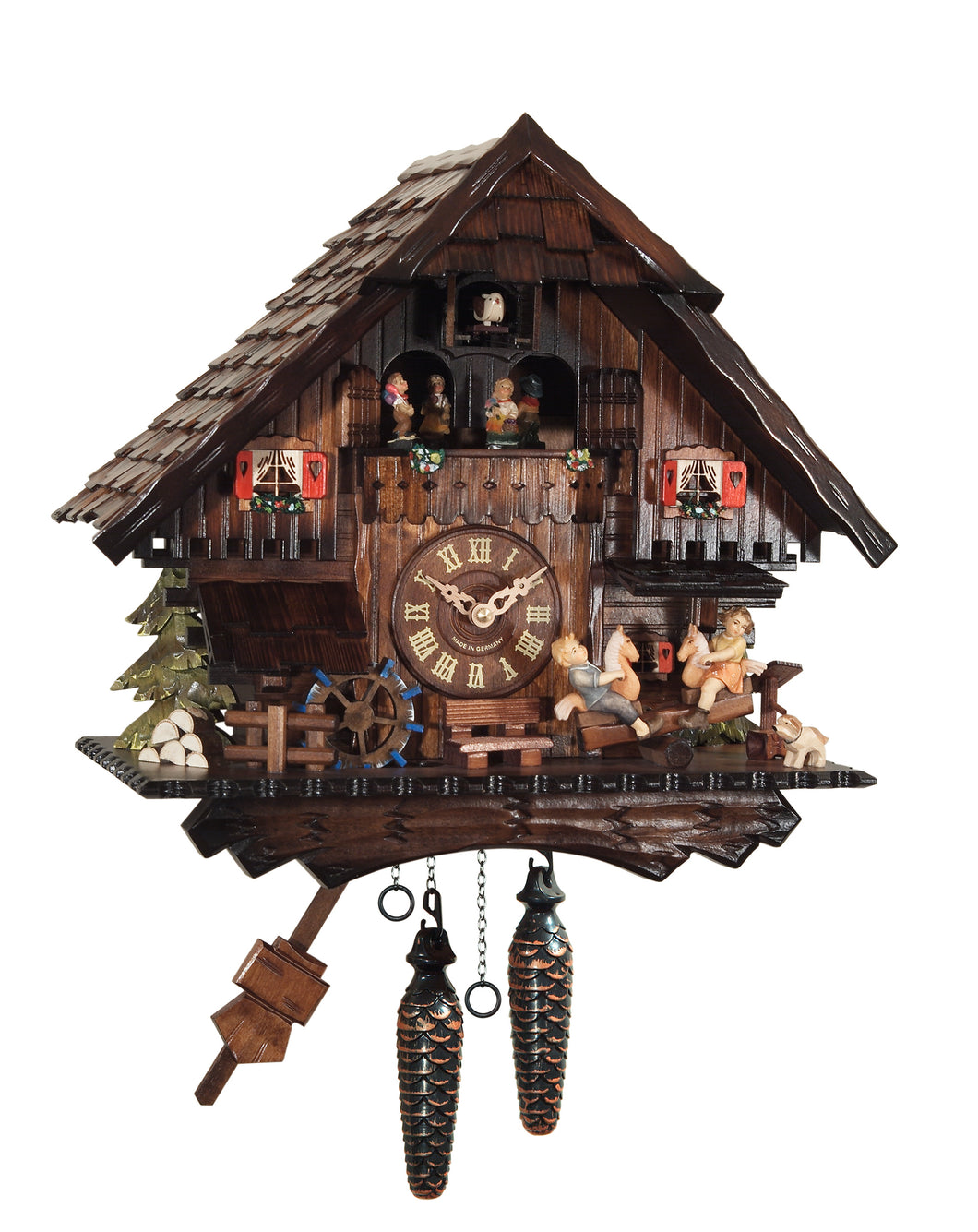 NEW - Quartz Musical Chalet Style Cuckoo Clock with Dancer Platform and Children of Moving Seesaw