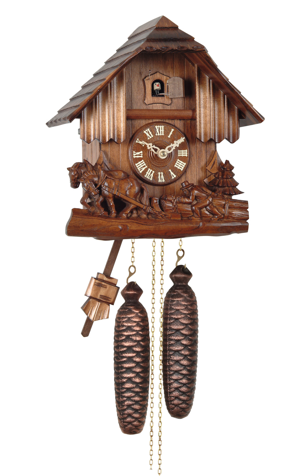 NEW - Quartz Chalet Cuckoo Clock with Carved Logger and Horses (without music)