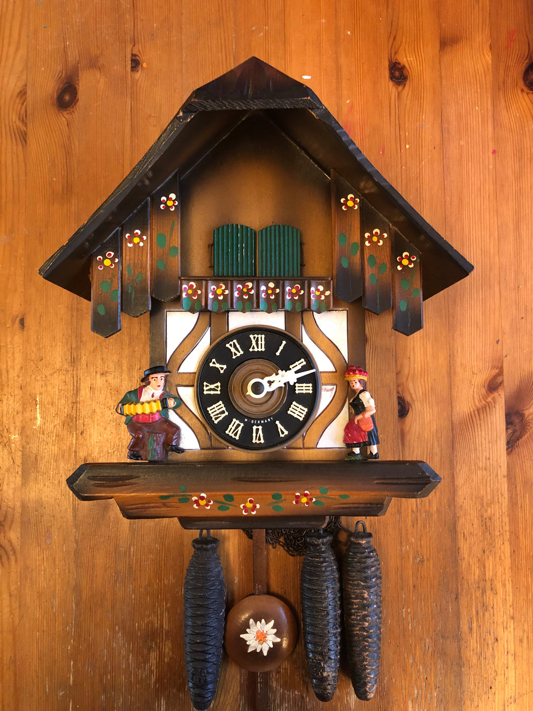 VINTAGE - Painted Chalet Cuckoo Clock with Double Doors and Music